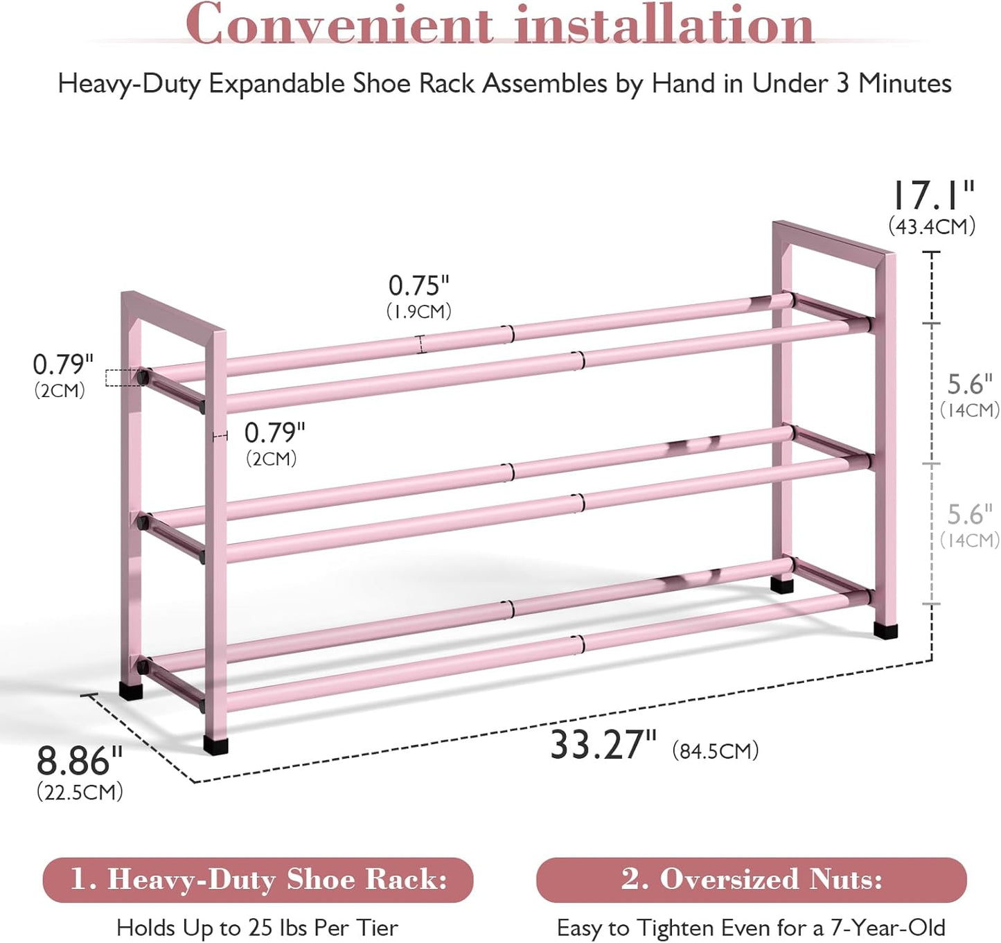 Bumusty 3-Tier Expandable Shoe Rack for Closet, 18“-33” Adjustable Shoe Rack for Small Space, Small Shoe Organizer for Front Door, Sturdy Metal, Pink
