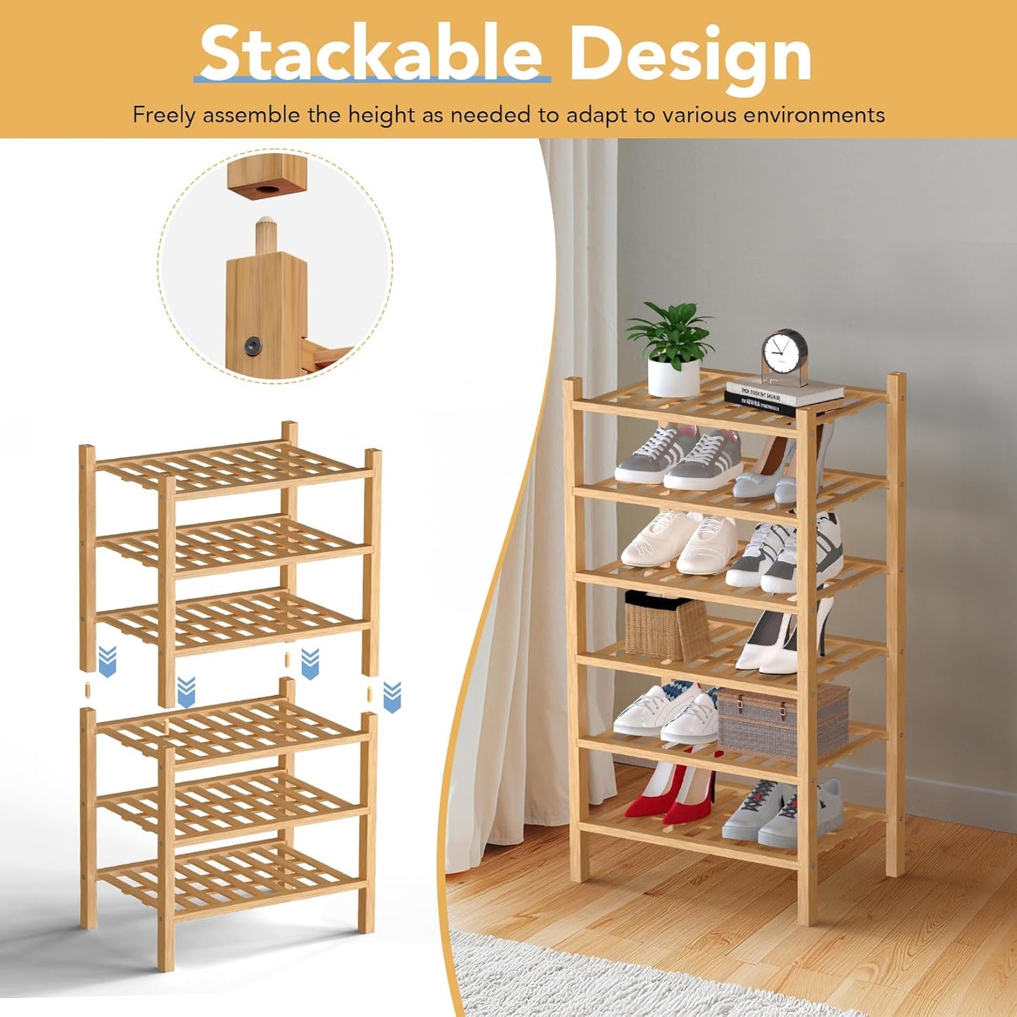 Haddockway small 6 Tier Bamboo Shoe Rack Storage Organizer,Multifunctional Free Standing Stackable Shoe Shelf with Grid Panel for Closet,Hallway,Entryway,Small Space 18"x11"x34"(Natural, 6-Tier Small)