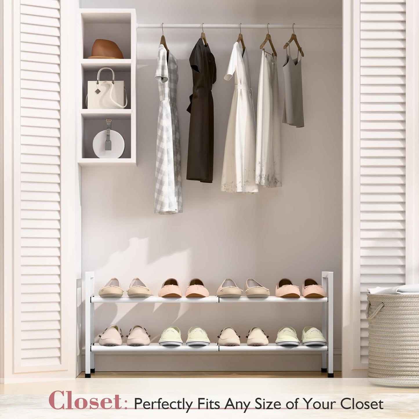 Bumusty 2-Tier Expandable Shoe Rack for Closet, 18“-33” Adjustable Shoe Rack for Small Space, Small Shoe Organizer for Front Door, Sturdy Metal, White