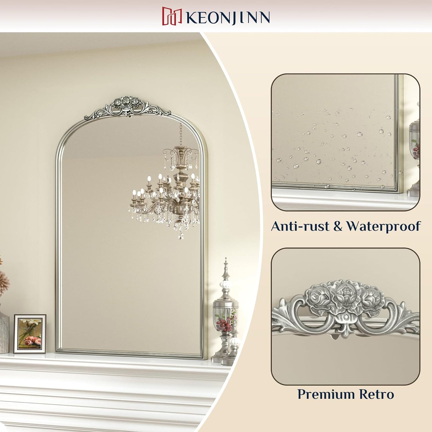 Keonjinn Vintage Arched Mirror for Wall, 20" x 30" Silver Mirror with Metal Frame, Ornate Vanity Mirror, Baroque Arch Mirror, Decorative Brass Mirror for Mantle, Living Room, French Cleat Mounting