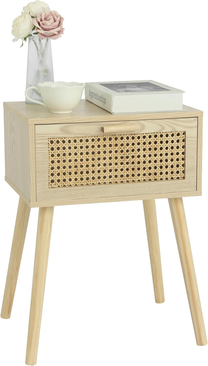 AWASEN Rattan Nightstand, Bedside Table with Rattan Drawer, Wood End Table with Storage and Solid Wood Legs for Bedroom Living Room Small Space (Walnut)