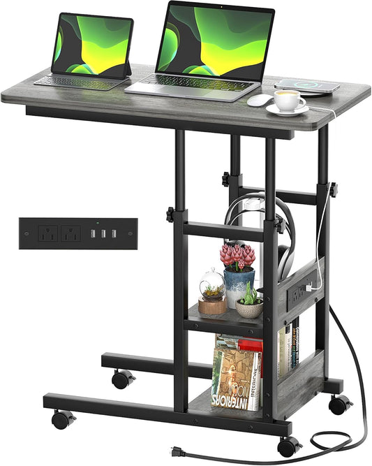 C Shaped End Table Height Adjustable - Couch Side Table with Charging Station, TV Tray with Wheels Slide Under Sofa for Wall Shelf with Hooks for Bedroom, Bathroom, Living Room, Grey