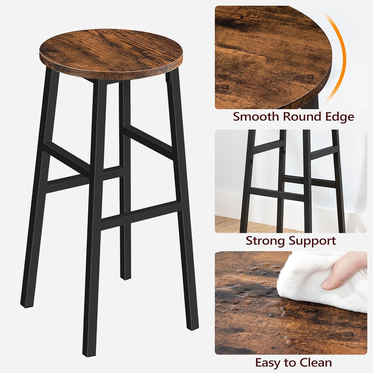 Bar Stools, Set of 2 Round Bar Chairs with Footrest, 28 Inch Kitchen Breakfast Bar Chairs, Industrial Bar Stools, Easy Assembly, for Dining Room, Kitchen, Rustic Brown BAHR02701