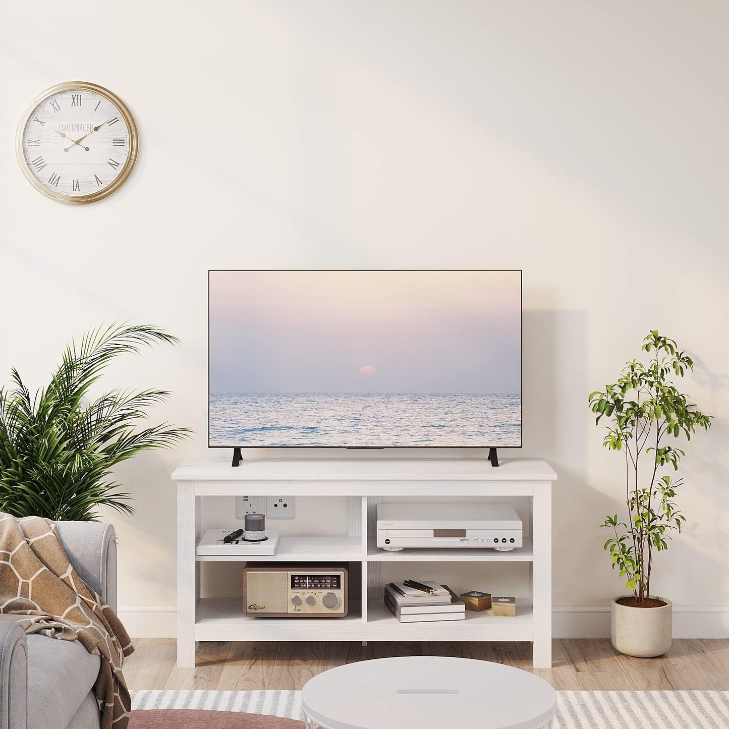 43 Inches TV Stand,Mid Century Modern Entertainment Center with 4 Open Shelves Farmhouse TV Media Console Table for Living Room,Bedroom,Television Stand up to 50 Inches(White)