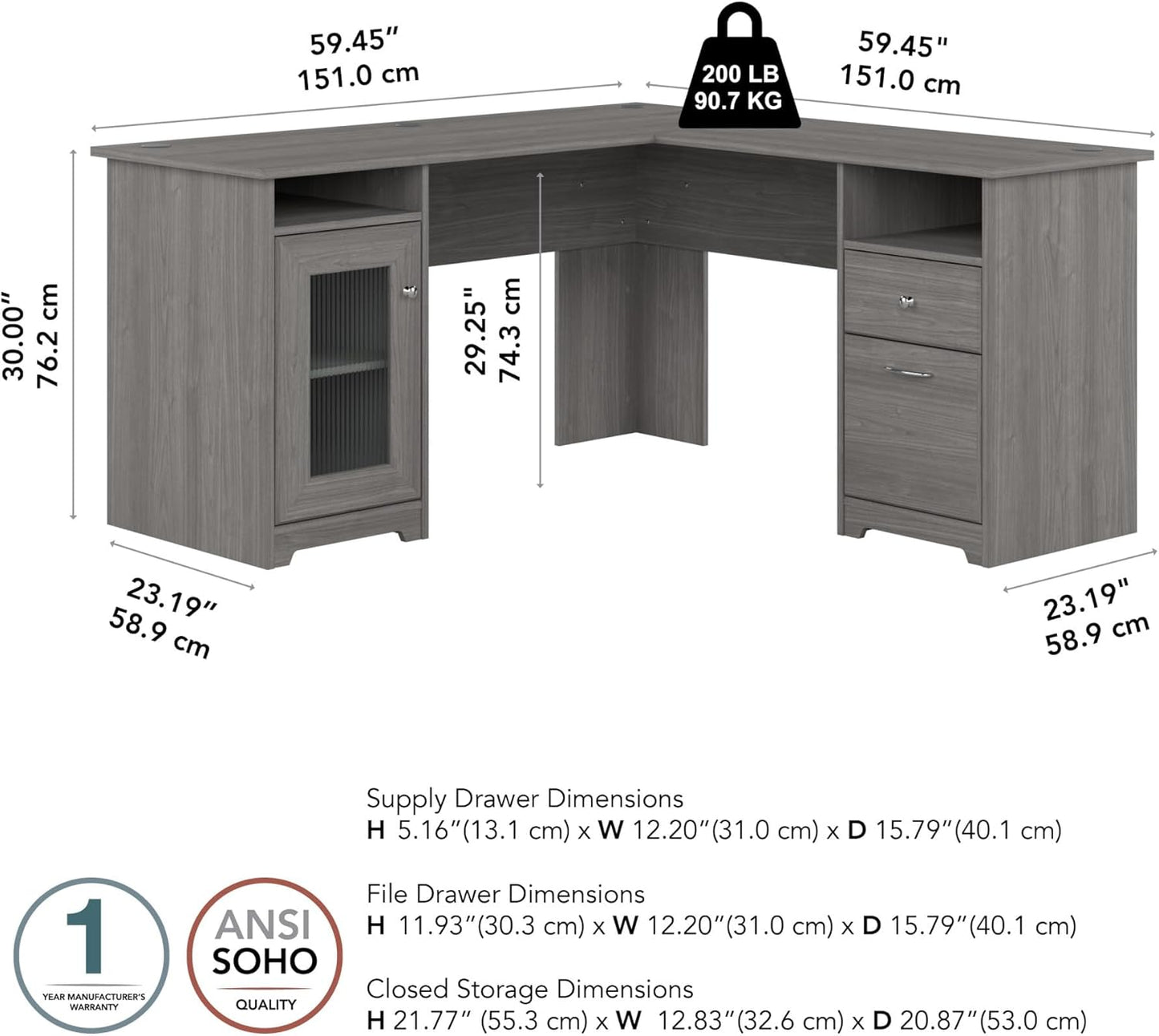 Bush Furniture Cabot L Shaped Computer Desk in Modern Gray | Corner Table with Drawers and Storage for Personal Home Office Workspace
