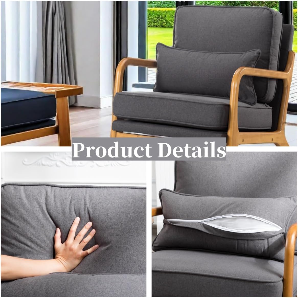 Armchair Upholstered Lounge Chair, Mid-Century Modern Accent Chair with Cushion, Lounge Chair Indoor Reading Chair with Wood Arms, Accent Chair for Living Room, Bedroom Office, Dark Gray