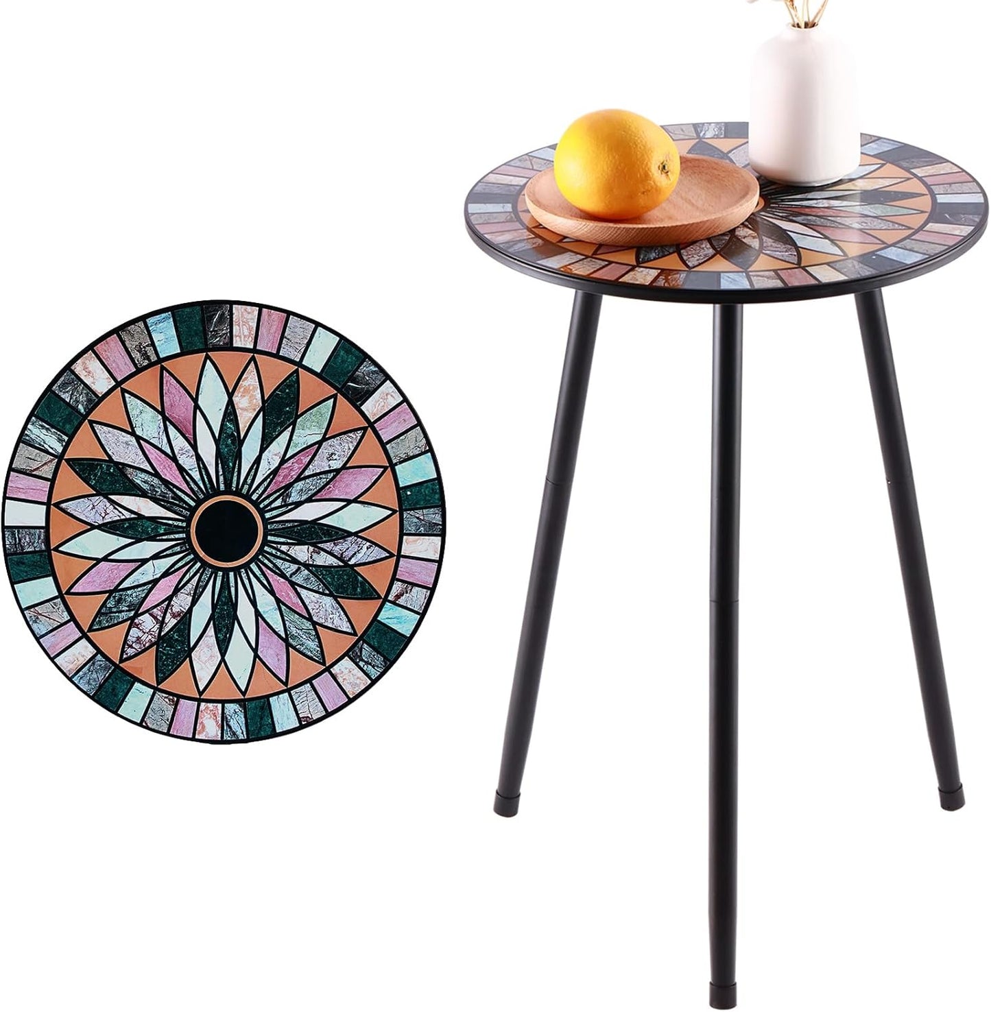 1 Pack Metal Mosaic Round Side Table Small 13.4" End Patio Round Accent Table Garden Corner Stand for Small Spaces Weather-Resistant for Balcony Plant Stand Indoor Outdoor