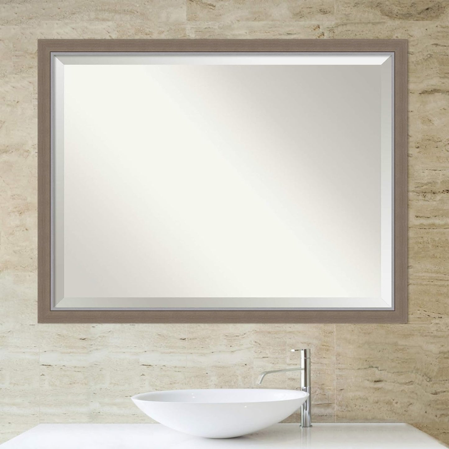 Amanti Art Brown Bathroom Mirror for Over Sink, 33x43 Eva Brown Narrow Rectangle Vanity Mirror, X-Large Rustic Farmhouse Frame, Hangs Horizonally and Vertically, Bathroom Wall Decor, Beveled Edge