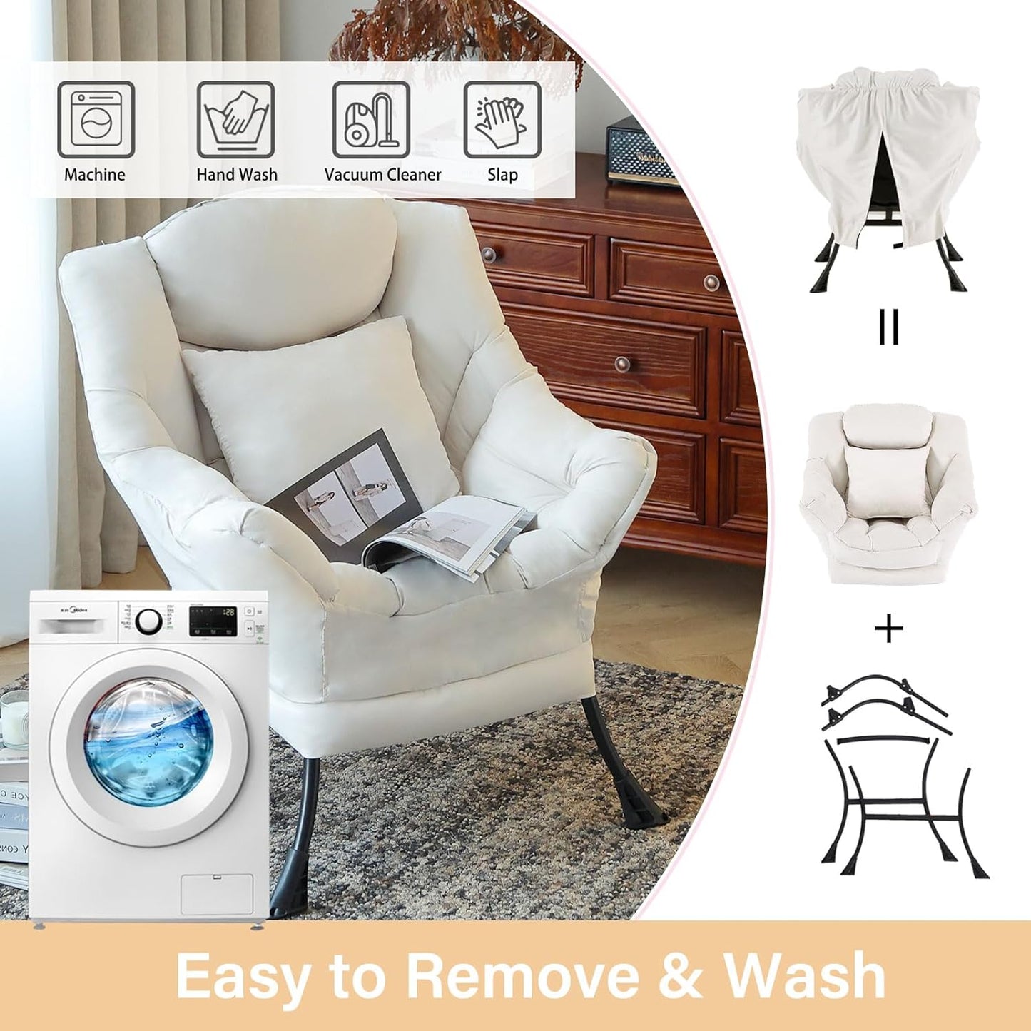 Lazy Chair with Pillow for Living Room, Modern Lounge Accent Chair with Armrests, Leisure Sofa Chair Set, Reading Chair for, Bedroom, Dorm Room, Office, Beige