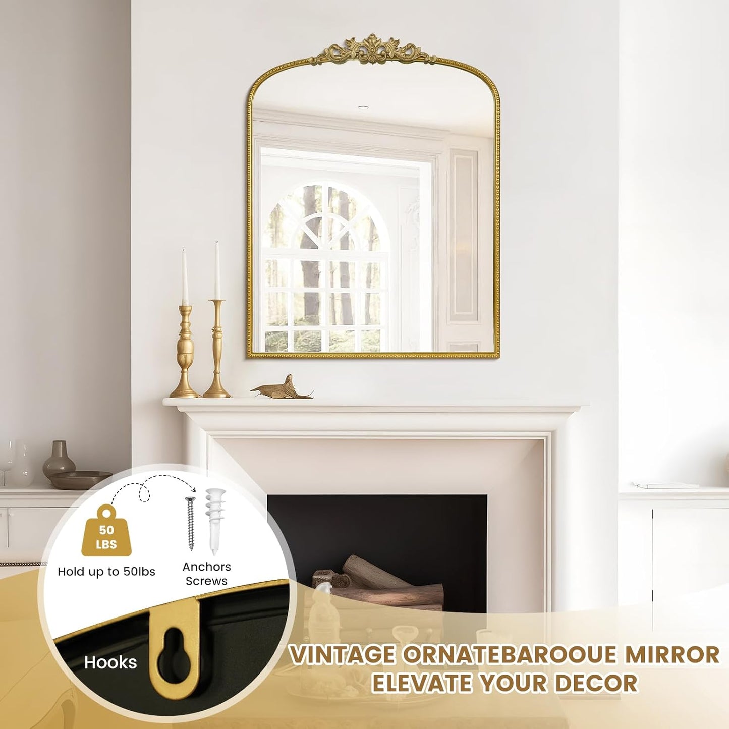 WallBeyond Gold Vintage Mirror for Vanity 28x36 Inch, Gold Antique Mirror with Ornate Frame, Arched Vintage Wall Mirror for Bathroom, Living Room, Fireplace, Entryway