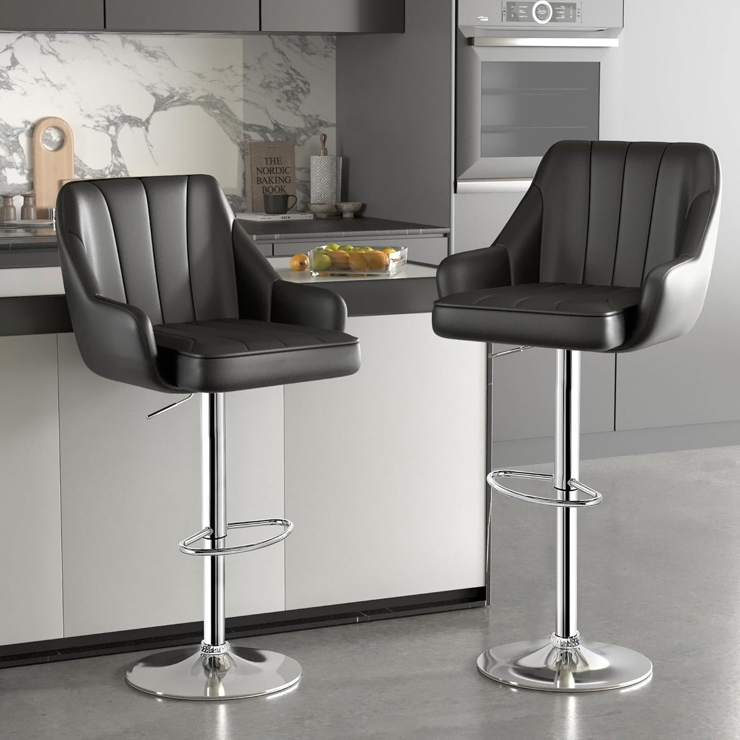 VECELO Barstools Set of 4, Counter Height Bar Stools Adjustable Stools with Back and Arm, Kitchen Island Stools Swivel Bar Chairs for Pub Dinning Room, Black