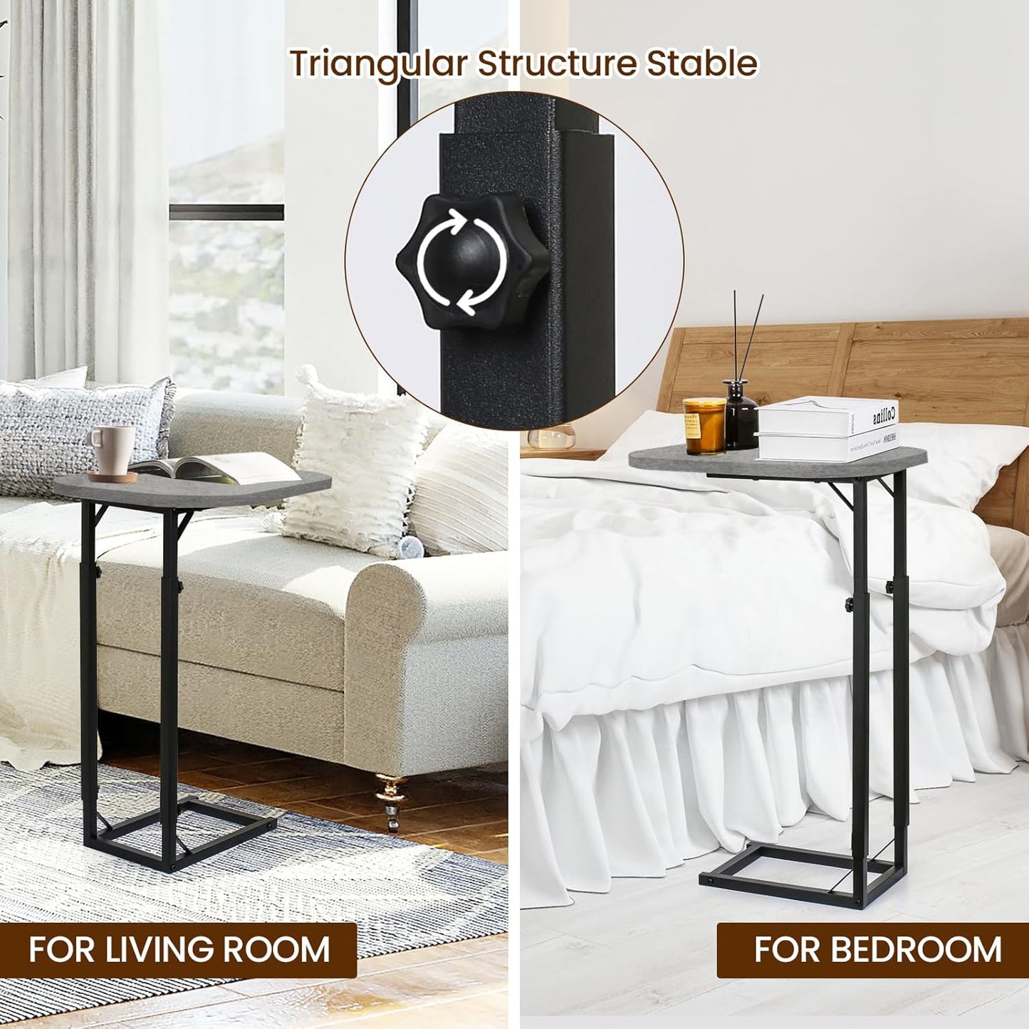 C-Shaped End Table for Couch, Adjustable Sofa Side Table with Sturdy Metal Frame, Small Space Rustic Gray TV Tray Table for Living Room, Bedroom, Bedside, Modern Functional Accent Furniture