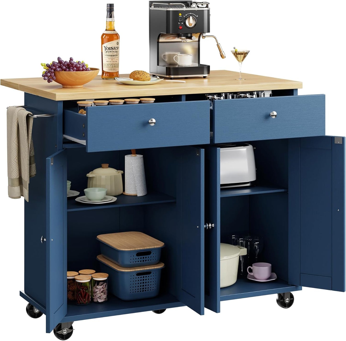 Shintenchi Kitchen Island with Drop Leaf, Rolling Kitchen Cart with Storage on Wheels, Table Bar Cart for Kitchen with Towel Rack & Seating Area for Dining Room, Blue