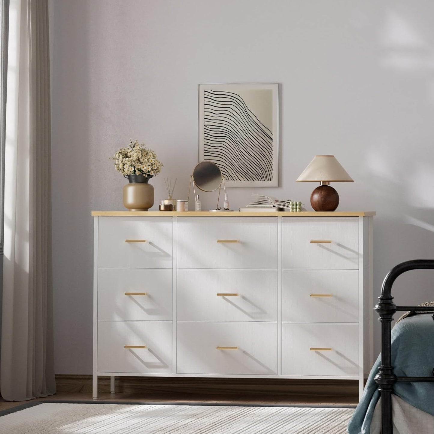 Wide TV Stand Modern TV Console, 9 Drawers Dresser for Bedroom, Fabric Storage Cabinet, Chest of Drawers for Closet, Nursery, Living Room(White)