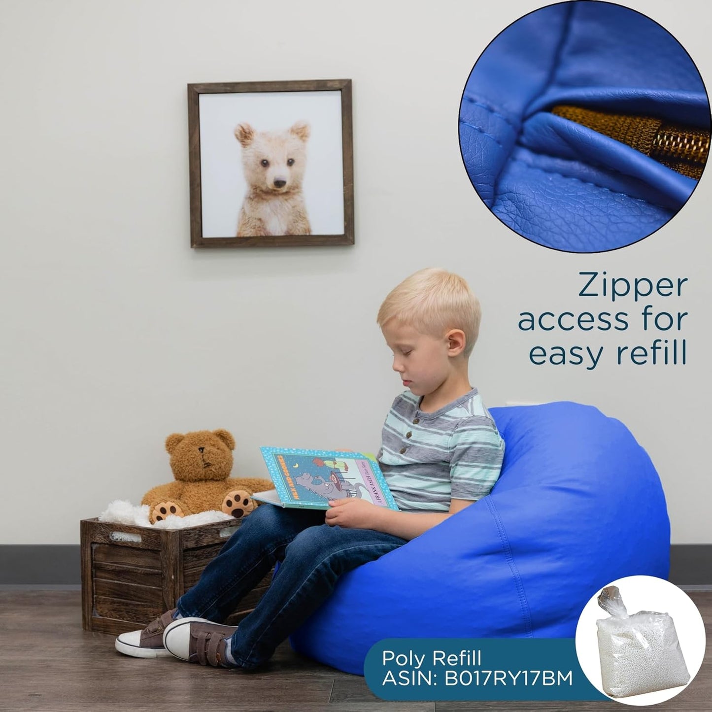 Children's Factory 26" Round Bean Bag, Bean Bag Chair with Water-Resistant Cover for Kids, Flexible Seating for Classroom Elementary, Easy to Clean, Blue
