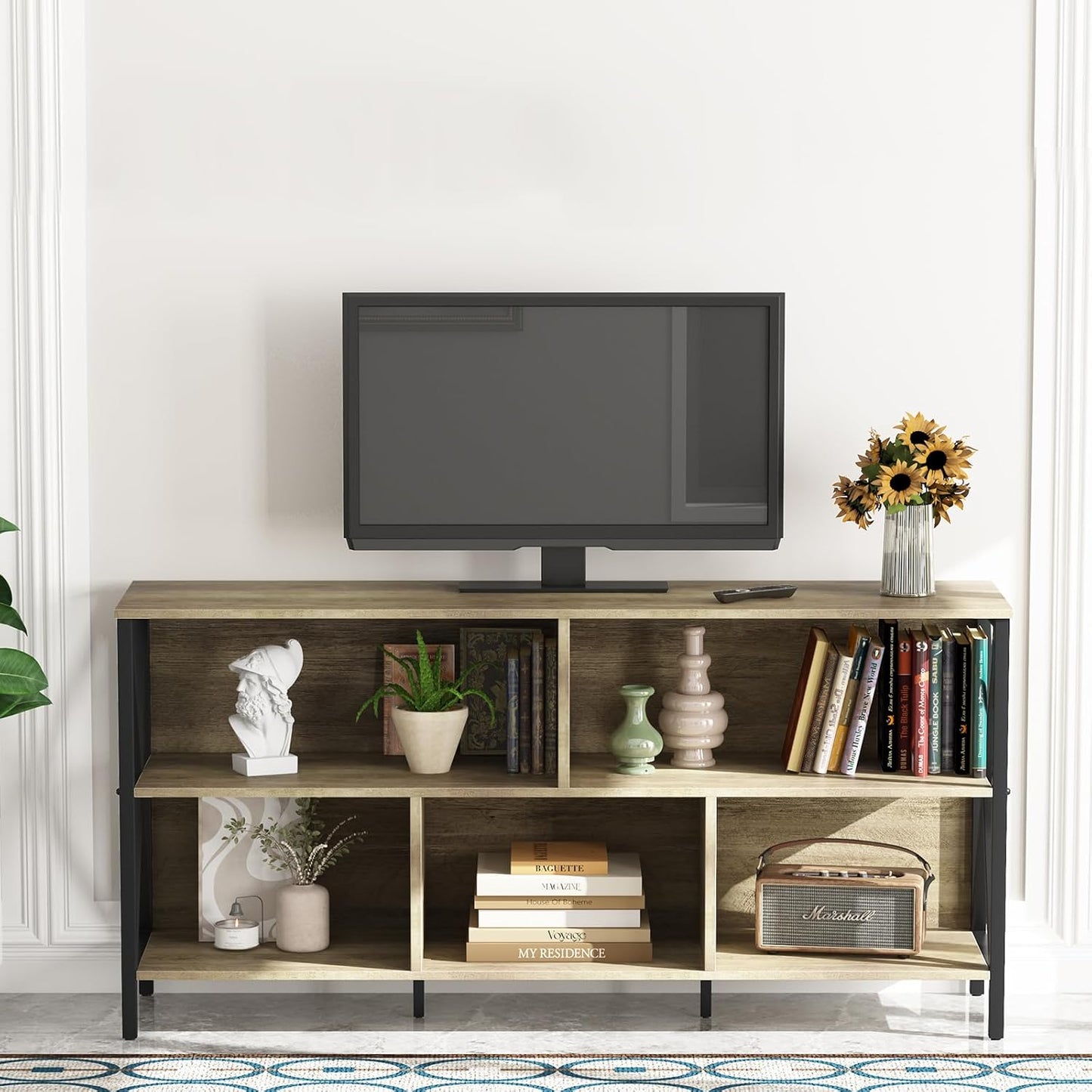 Horizontal Bookshelf,Industrial Modern 5 Cube Low Wide Cubby Bookcase,Long Wood and Metal Storage Organizer Open Shelf, Short Book Shelf Bedroom Storage for Home Office Living Room(Rustic Oak,5 Cube)