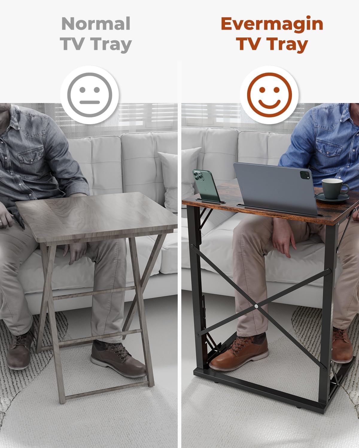 21''Wx28''H Folding TV Tray for Eating, Small Foldable C-Shaped Tray Table with Tablet and Phone Slots, Slide Under Couch Side Table for Recliner, Living Room, Bedroom, Rustic Brown