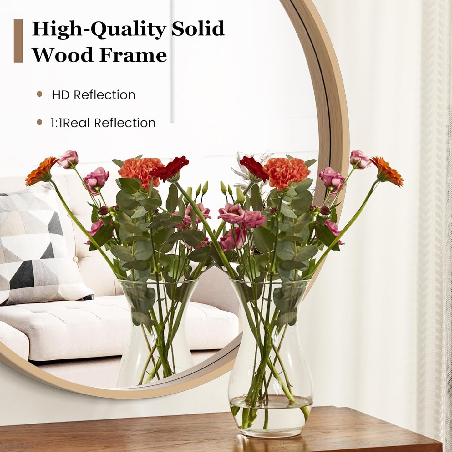 HOMECOOKIN Round Wood Mirror, 24" Round Bathroom Wall Mirror Circle Mirrors for Wall Decor, Vanity, Living Room, Bedroom, Entryway, Natural