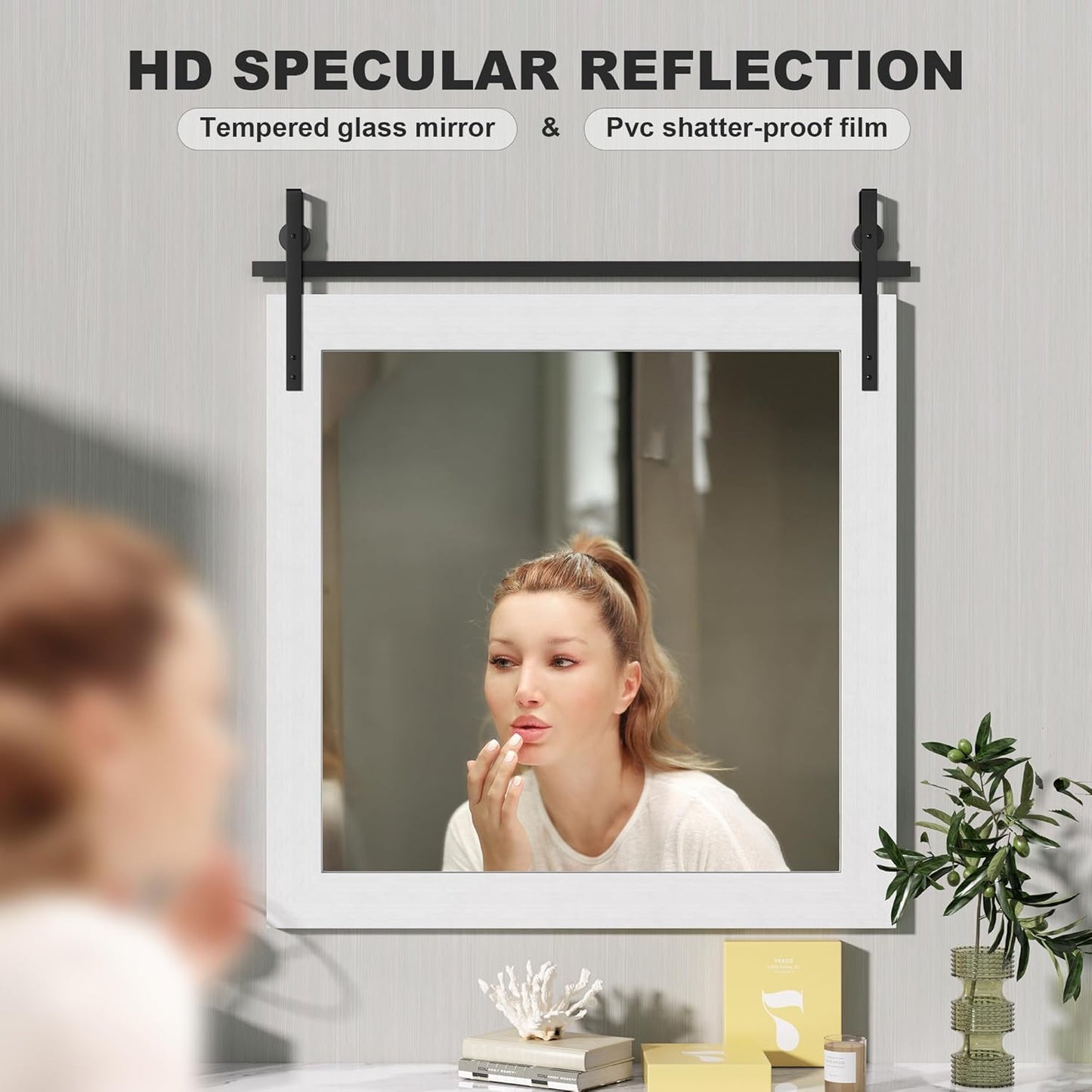 Hasipu Farmhouse Bathroom Mirror, 31"x31" Rustic Wood Framed Wall Mounted Mirror, White Vintage Vanity Mirror Barn Door Style Decrative Mirrors