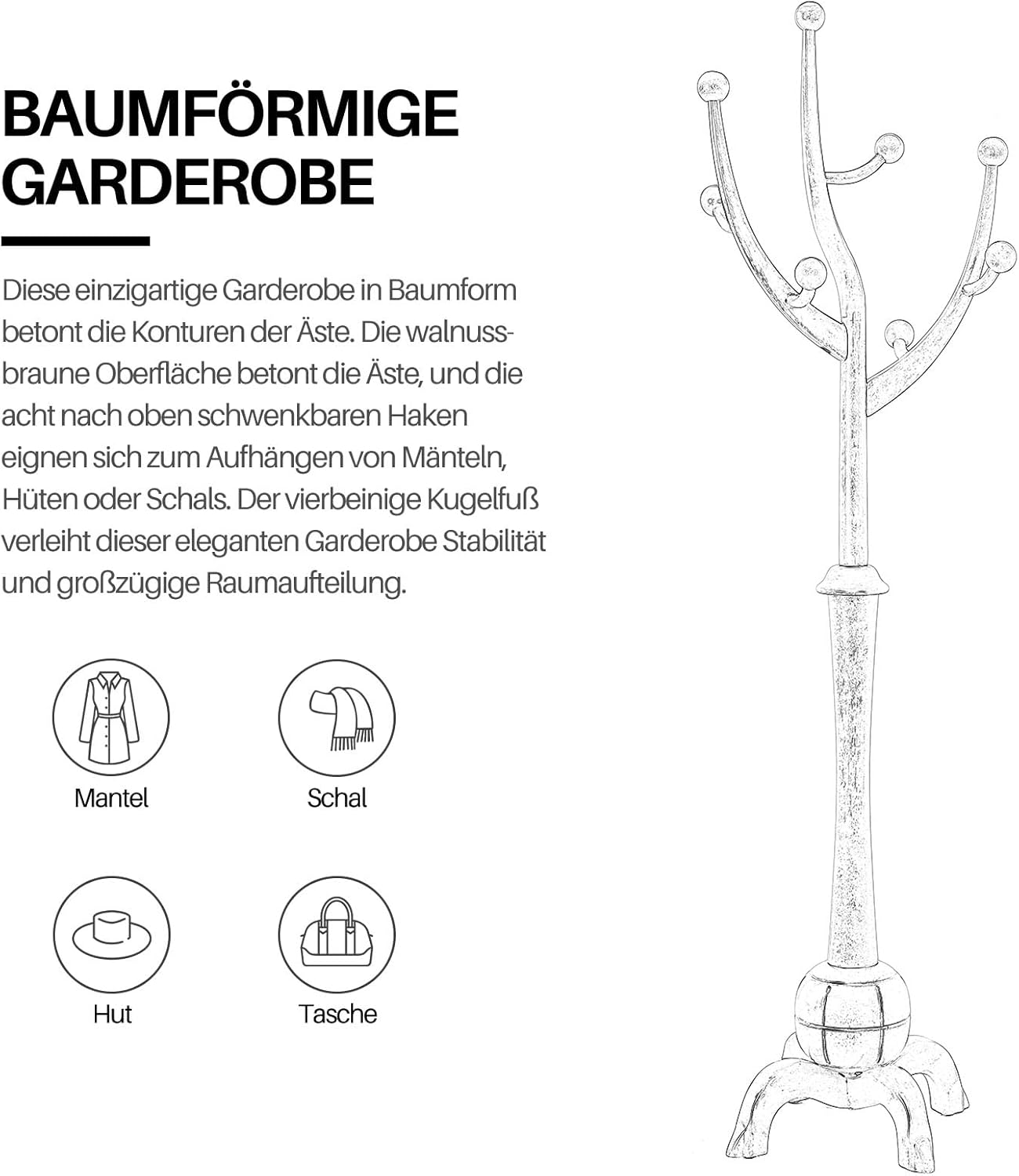 Heavy Duty Coat Rack Freestanding Wood Tree Rack with 8 Hooks, Unique Design Tree Branch-look, Premium Coat Tree Clothes Hanger Stand with Sphere Base for Entryway, Hallway, Bedroom-Load 160lbs Black