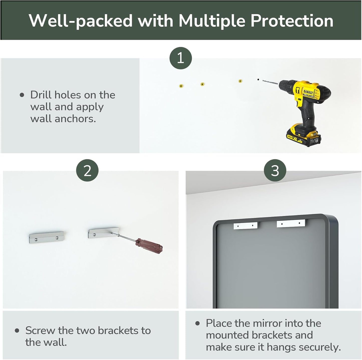 TokeShimi 42x36 Inch Brushed Silver Bathroom Mirror for Wall Brushed Brass Metal Rounded Corner Rectangle Mirror Metal Frame Deep Set Design Hangs Horizontal Or Vertical