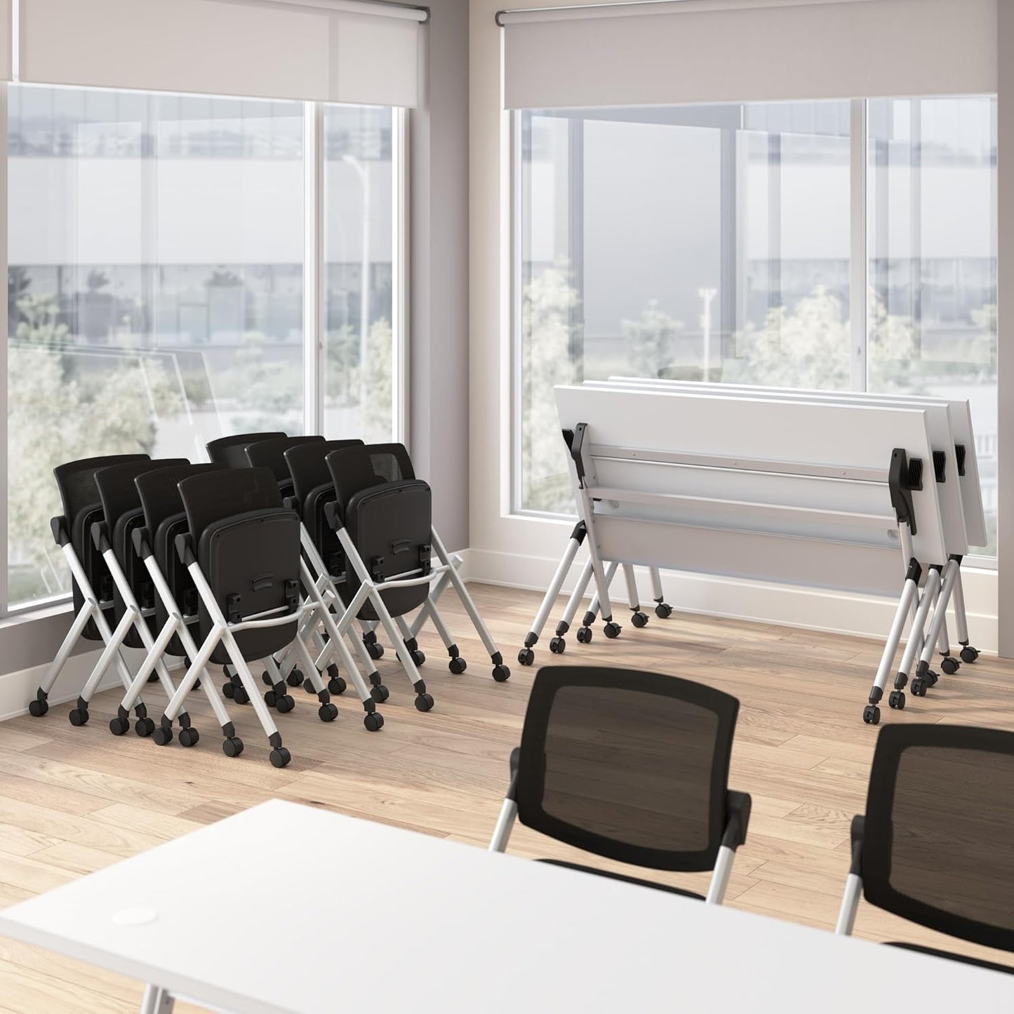 Bush Business Furniture Folding Training Table Set for 2, 60 inch, 2 Mesh Back Folding Chairs, Commercial-Grade Bundle for Office or Classroom, Envision Collection, White