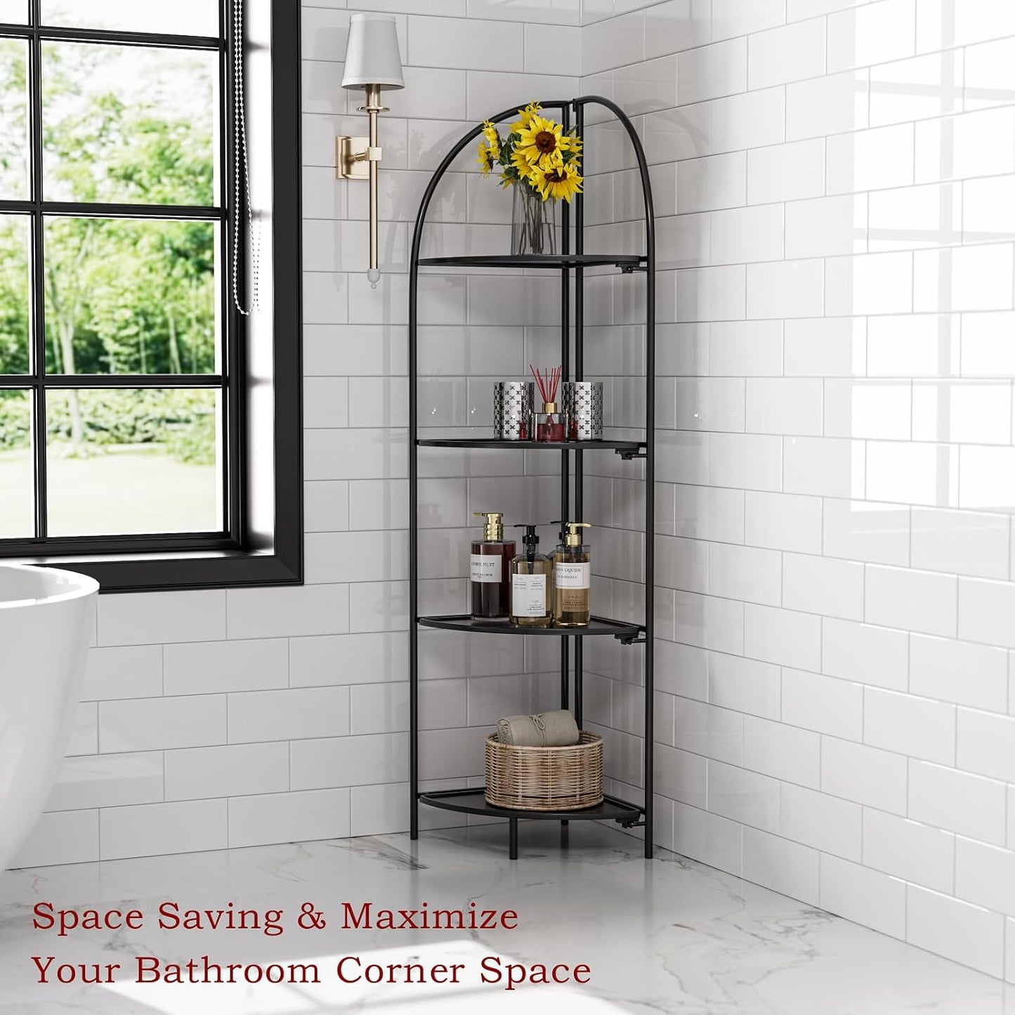 Crofy Foldable 4 Tier Corner Shelf, Metal Corner Plant Stand with Black Frame and Black Shelves, Corner Display Rack Multipurpose Shelving Unit for Living Room, Bedroom, Bathroom