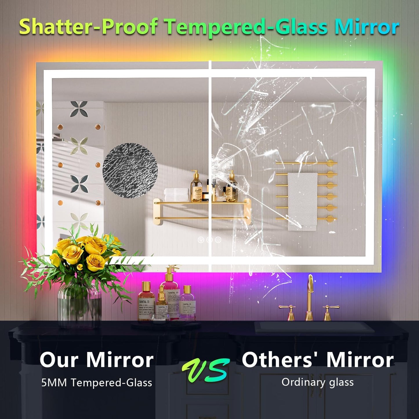 50x32 Inch RGB LED Bathroom Mirror Front Light and RGB Backlit Lighted Vanity Mirror for Bathroom Wall Mounted Dimmable Anti Fog Memory Shatter-Proof IP54 Waterproof Horizontal/Vertical