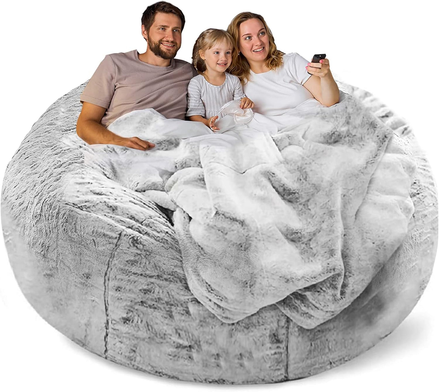(No Filler) Bean Bag Chair Cover Without Filler,Big Round Soft Fluffy PV Velvet Washable Bean Bag Lazy Sofa Bed Cover for Adults,Living Room Bedroom Furniture Outside,6ft Snow Grey