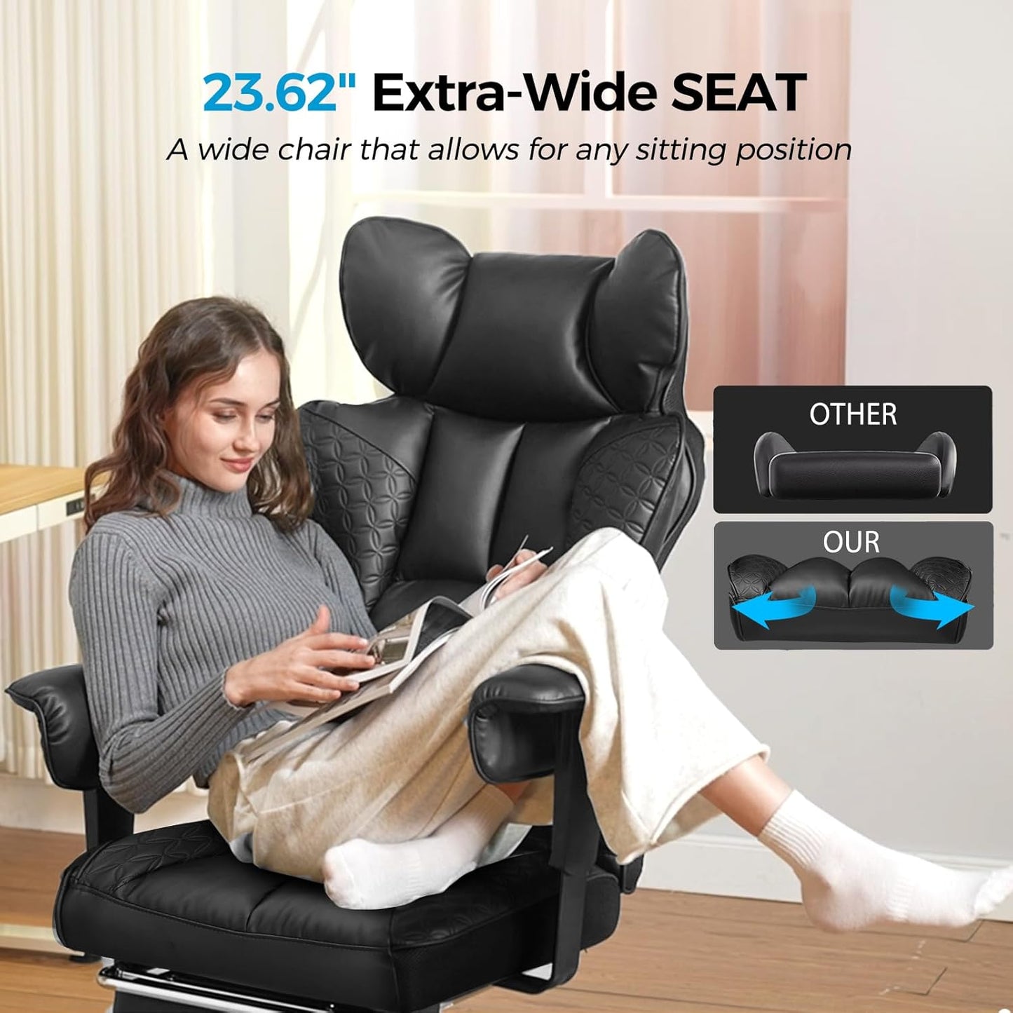 COMHOMA Big and Tall Office Chair 400LBS Wide Ergonomic Gaming Chair with Deluxe Embossing Designed Leather with Foot Rest,150°Reclining Adjustable Armrests Pocket Spring Back Support and Pillow