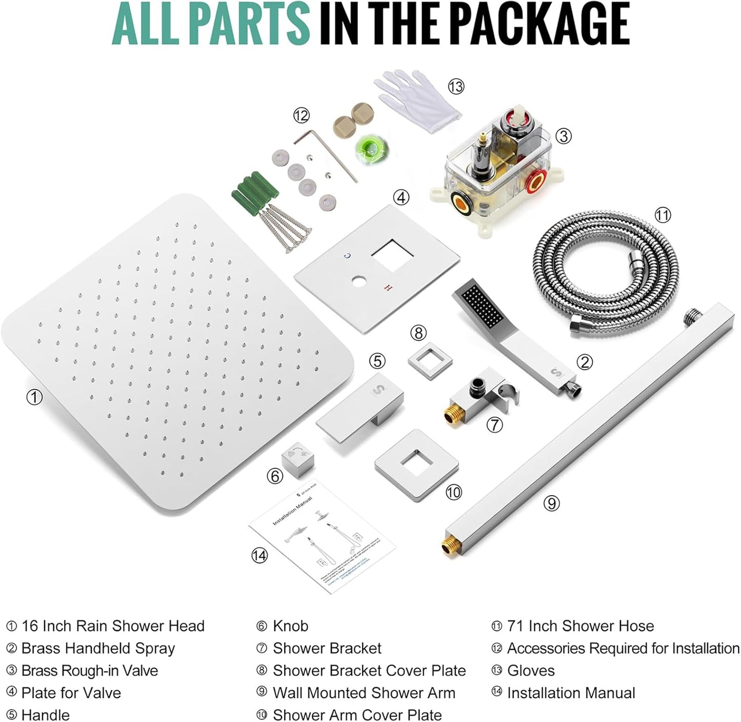 SR SUN RISE Polished Chrome Square Rainfall Shower Head and Handle Set, Wall Mounted Shower Fixtures, Metal Shower Faucet Trim Repair Kits (With Shower Valve) 16 Inches