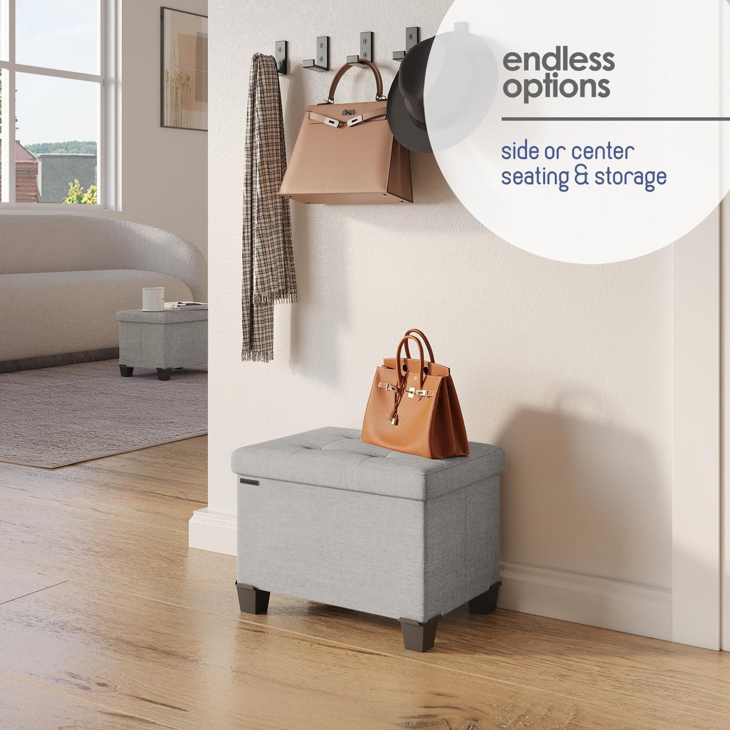 STORAGEBUD Storage Ottoman Cube with Small Bin, 16-in Square Ottoman with Storage for Living Room and Bedroom, Small Ottomans Foot Rest, Fabric Foot Stools Ottomans Max 330lbs, Light Grey