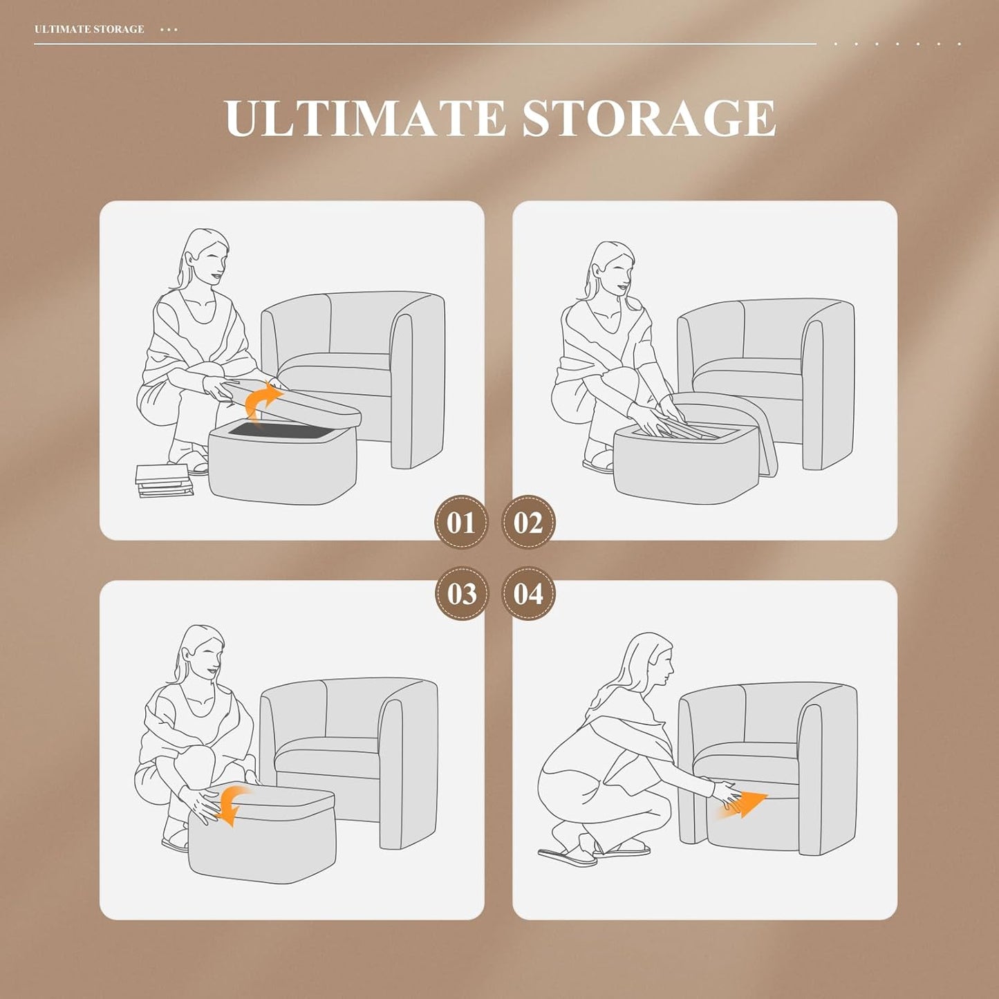 COLAMY Upholstered Velvet Barrel Accent Chair with Storage Ottoman, Morden Living Room Chair with Lounge Seat for Bedroom/Reading Spaces, Khaki