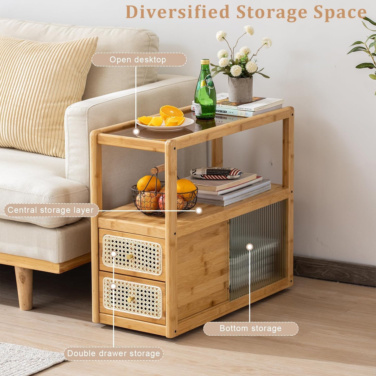 Bamboo Side Table Nightstand with Rattan Drawer & Glass Top – Multi-Function End Table, Nightstands with Storage for Bedroom, Living Room, and Small Spaces, Nature