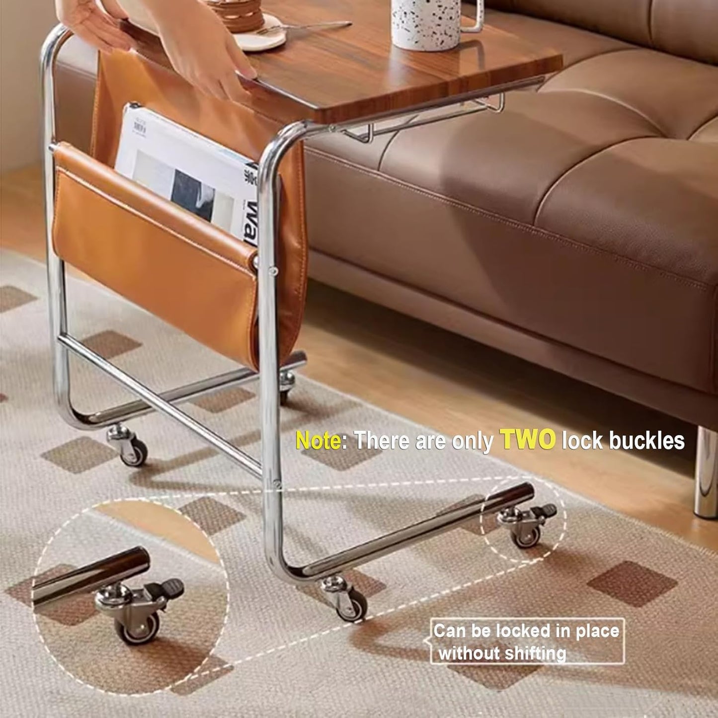 C-Shaped End Table, Sofa Side Table with Rotating Wheels, Rolling End Table with Storage, Small Couch Side Table for Bedroom, Swivel Tray Table for Living Room, Office