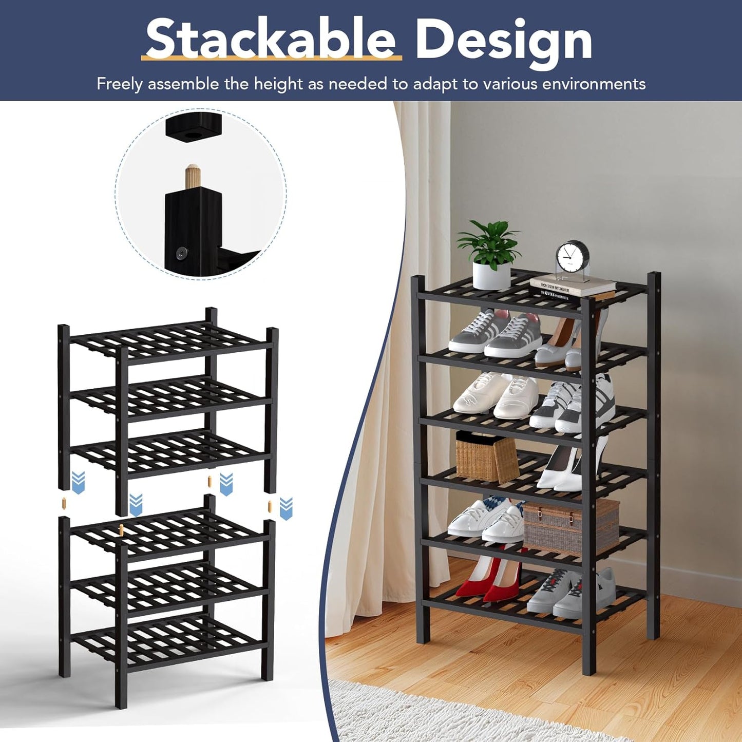 Haddockway small 6 Tier Bamboo Shoe Rack Storage Organizer, Multifunctional Free Standing Stackable Shoe Shelf with Grid Panel for Closet,Hallway,Entryway,Small Space 18"x11"x34"(Black, 6-Tier(Small))
