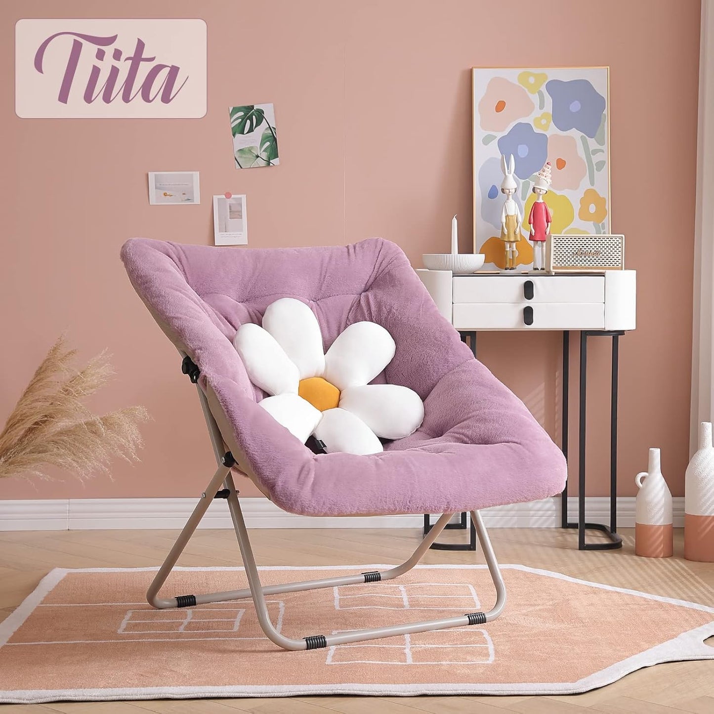 Tiita Comfy Folded Chair, Soft Faux Fur Oversized Folding Accent Chair, Lounge Lazy Chair for Kids Teens Adults, Metal Frame Moon Chair for Bedroom, Living Room, Dorm Rooms