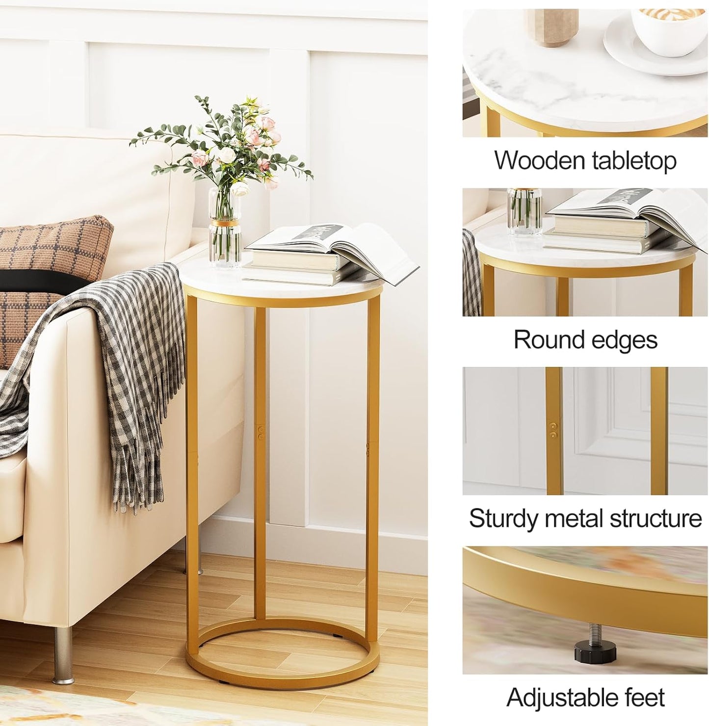 C Shaped End Table, Couch Side Tables for Living Room, Round Sofa End Table with Metal Frame, Small Wooden Snack Table for Bedroom, Small Spaces, Easy Assembly (Gold)