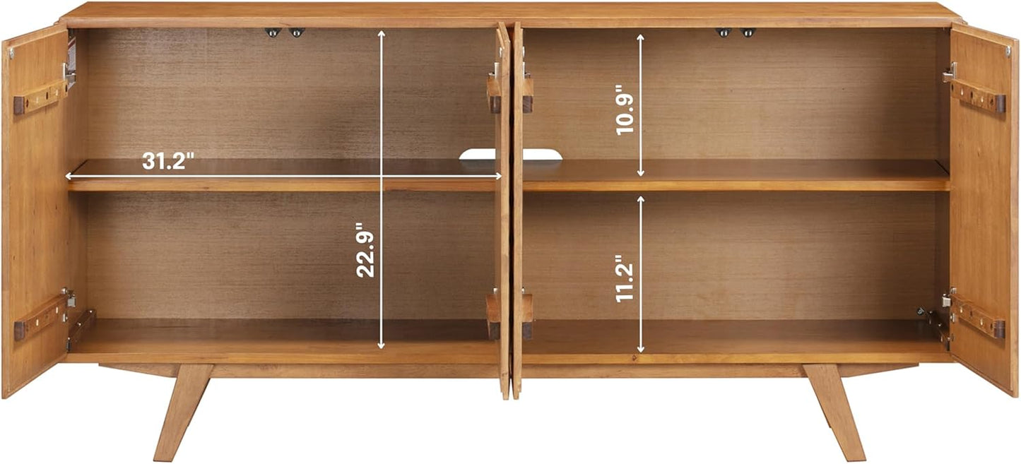 NTC Sapa Mid-Century Modern Solid Wood Sideboard – 4-Door Accent Buffet Cabinet with Carved Geometric Fronts, for Living Room, Dining Room, or Entryway, Effortless Assembly, Teak Look