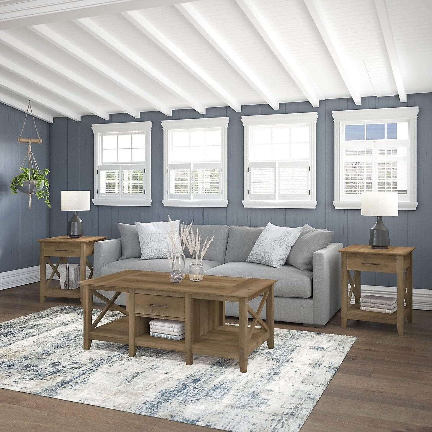 Bush Furniture Key West Coffee Table with Set of 2 End Tables in Reclaimed Pine