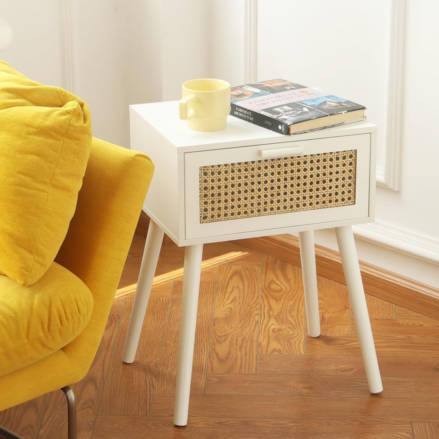 AWASEN White Rattan Nightstand, Modern Bedside Table with Rattan Drawer, End Table with Storage and Solid Wood Legs for Bedroom Living Room Small Space (White)