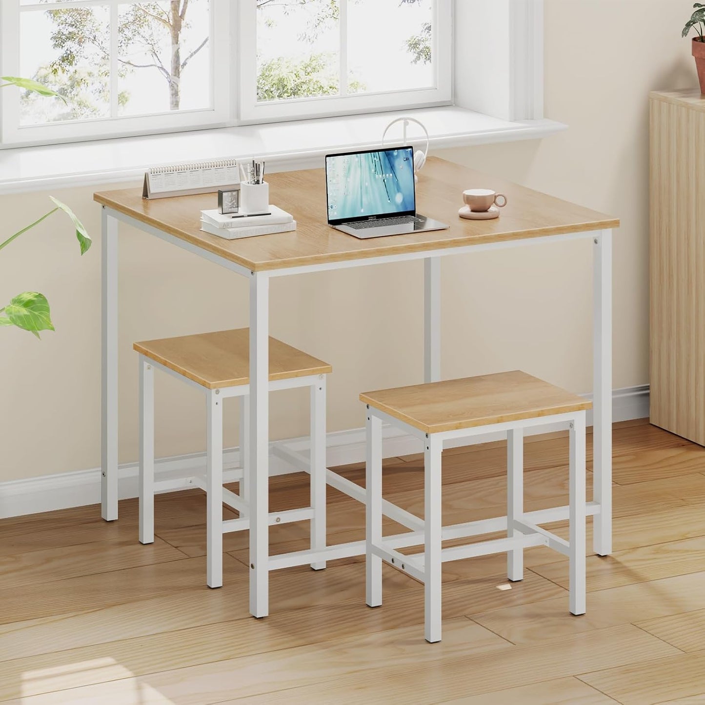 HOOBRO 3-Piece Industrial Dining Table Set, Kitchen Table, Space Saving Dinette for Kitchen, Dining Room, Small Space, Breakfast Nook, Living Room, Party, Natural and White WN75CZ01G1