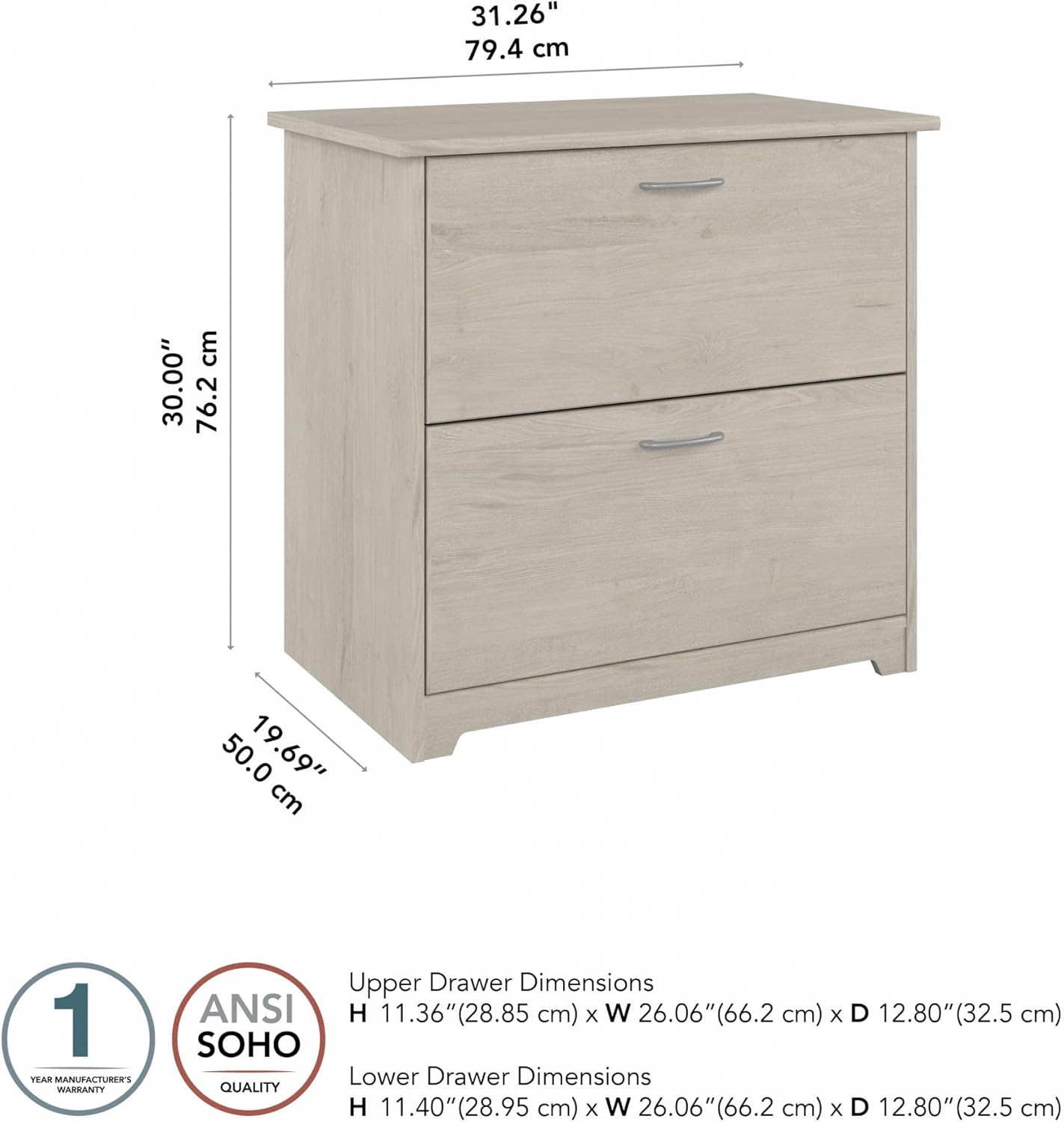 Bush Furniture Cabot 2 Drawer Lateral File Cabinet in Linen White Oak, Home Office Chest for Letter, Legal, and A4-size Document Storage