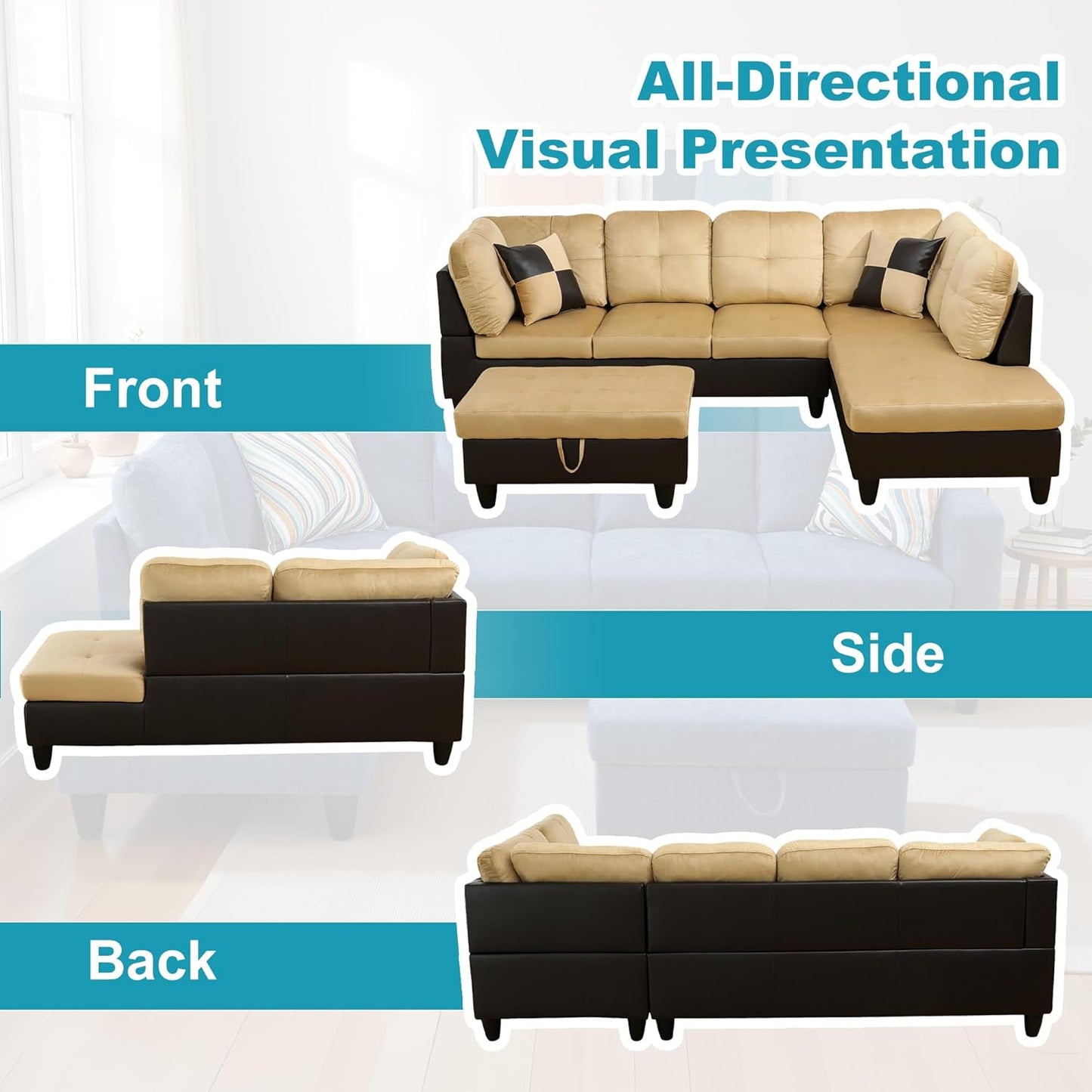 Couches for Living Room Modern L Shaped Couch Comfy Lint Fabric 3 Pieces Sectional Sofa with Chaise, Ottoman with Storage for Office and Small Apartment, Beige and Brown