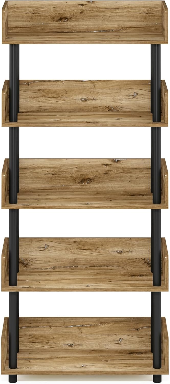 Furinno Turn-N-Tube 5-Tier Multipurposes Display Rack, Open Shelf Rack/Storage with back & side panel, Flagstaff Oak/Black