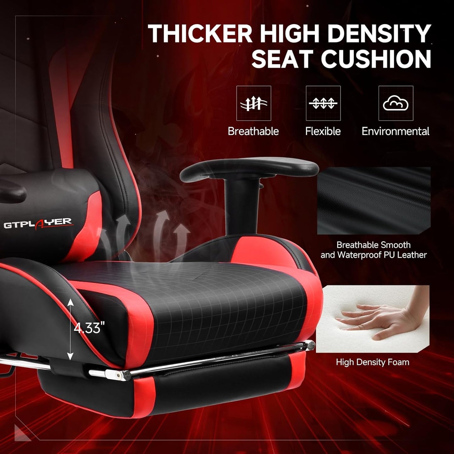 GTPLAYER Gaming Chair with Bluetooth Speakers, Adjustable Backrest and Height, 3D Armrests, Footrest, Ergonomic Computer Chair for Gamers (Brick Red)