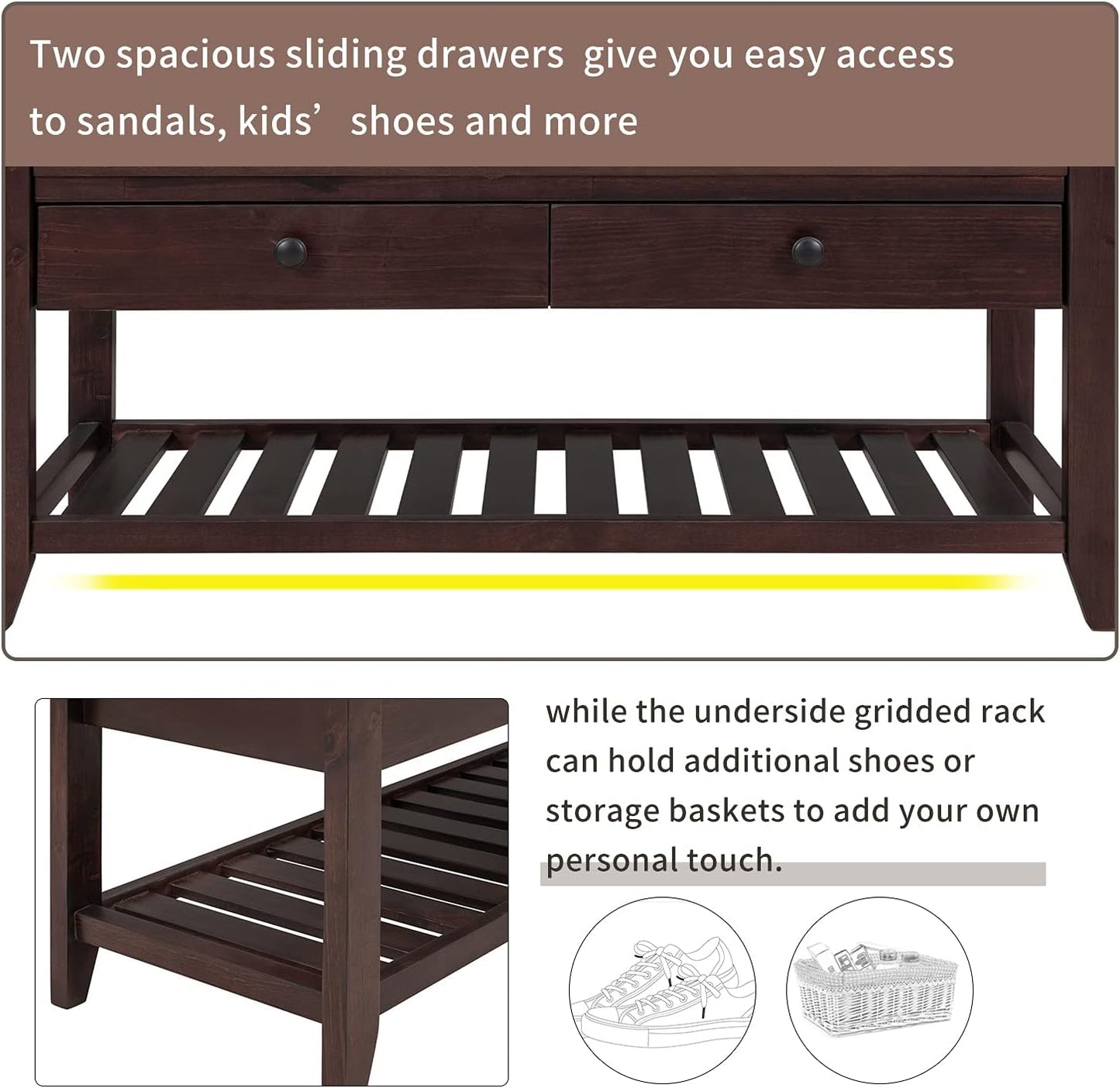 39″ Storage Bench with Cushioned Seat and Drawers,Multipurpose Wooden Entryway Ottoman,Hidden Compartment Organizing Shoe Rack,for Bedroom Hallway Porch,Espresso