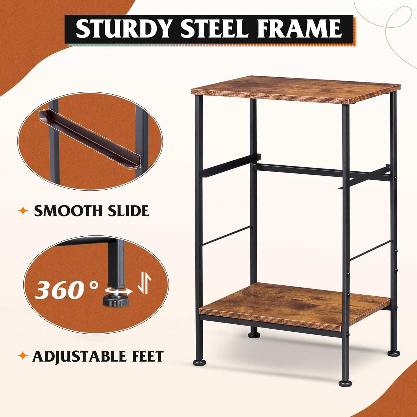 WLIVE Nightstand Set of 2, End Table with Fabric Storage Drawer and Open Wood Shelf, Bedside Furniture with Steel Frame, Side Table for Bedroom, Dorm, Black and Rustic Brown, 25.03" Height