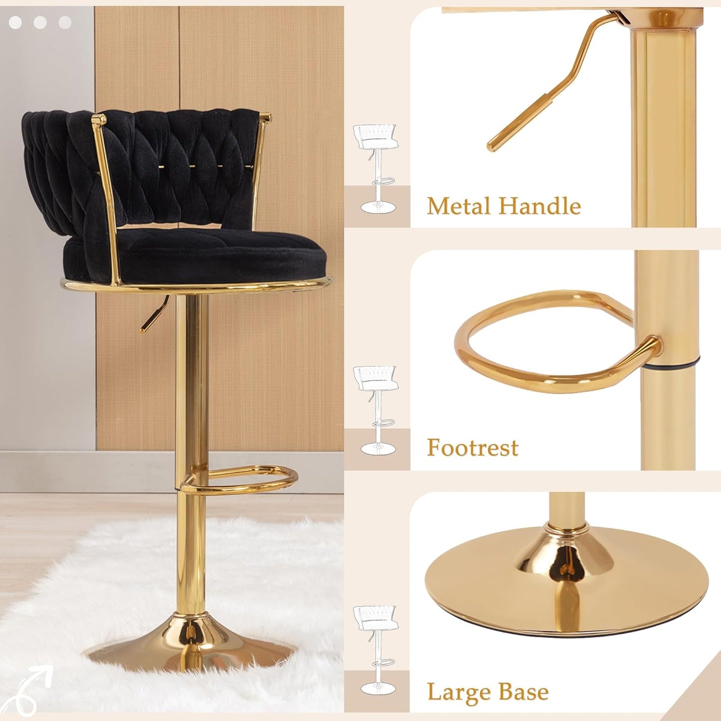 VECELO Bar Stools Set of 2, Adjustable Barstools Counter Height Stools with Back and Arm, Velvet Woven Kitchen Island Stools w/Gold Metal Leg & Base, 360° Swivel Bar Chair for Pubs Dining Room, Black