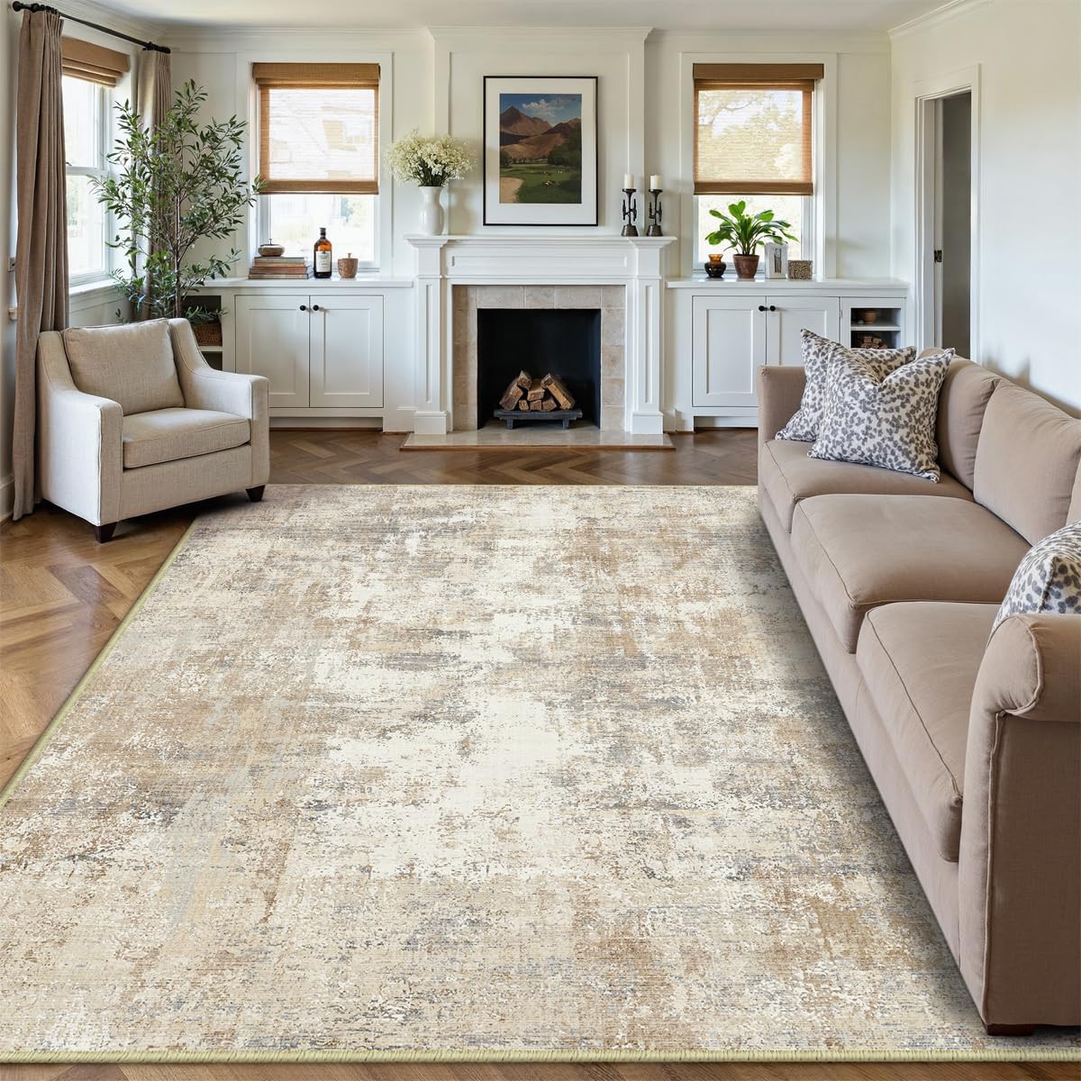 10x14 Washable Area Rug Gold Grey Neutral Abstract Living Room Bedroom Large Throw Rug Non Slip Soft Low Pile Indoor Floor Carpet for Dining Room Kitchen Office Entryway